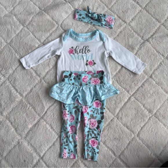 Baby Essentials |"Hello World" Blue Floral 3 Piece Set | Size 6 Months - Picture 1 of 4
